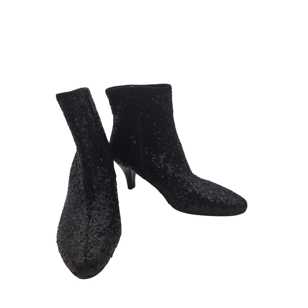 Impo Black Sequin Ankle Boots Womens 5.5 Kitten Heel Zip Dressy Booties Coquette